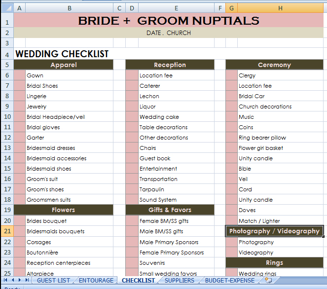 wedding checklist excel